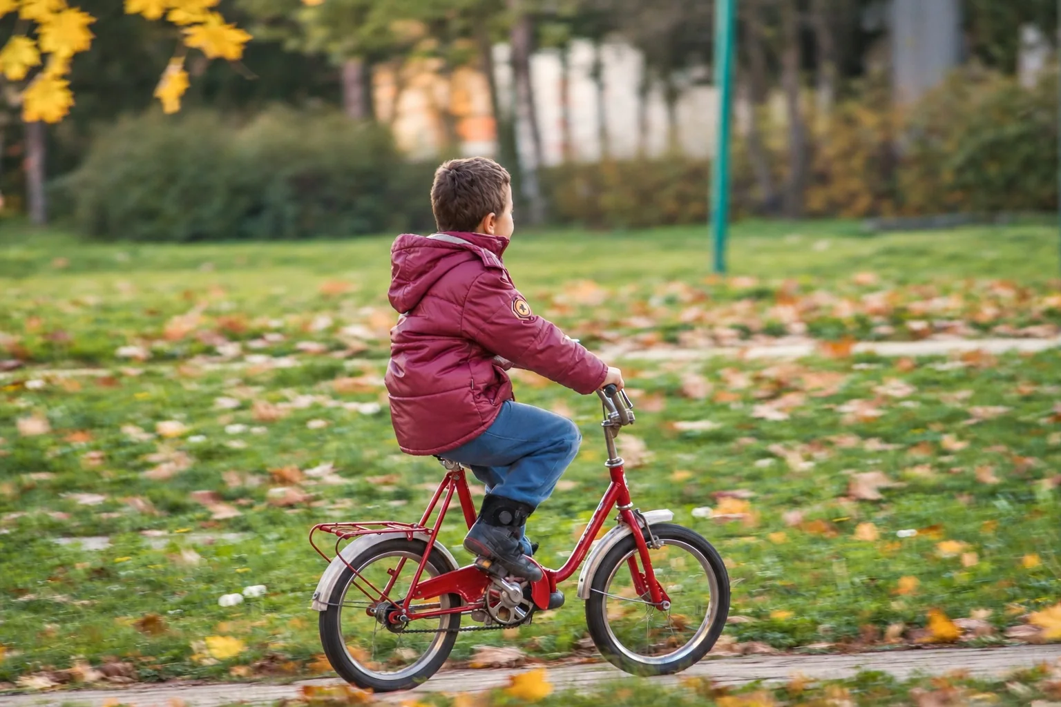 Dziecko jedzie na rowerze przez zielony park